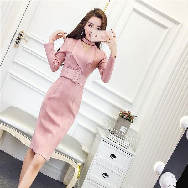 

casual dresses 2021 women autumn winter elegant dress female sashes notched long sleeve split lady loose a-line vestido g200, Black;gray