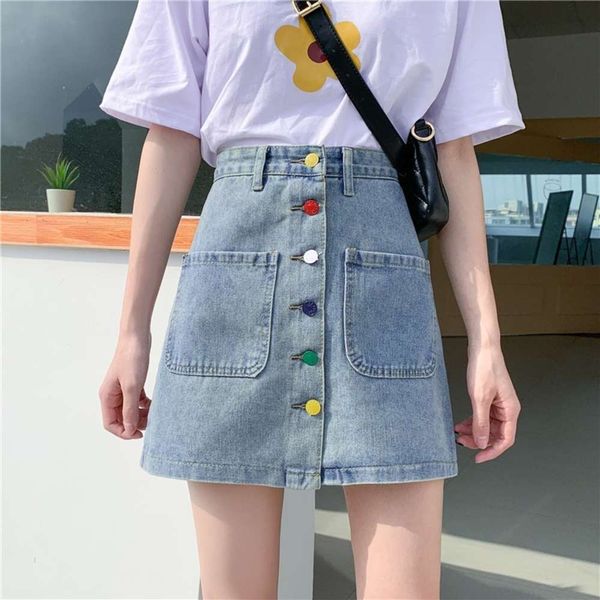 

hong kong chic versatile large size fat mm denim skirt for female students in spring and summer, Blue
