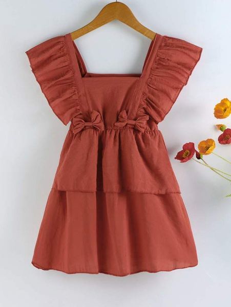

little girl's bowknot ruffle square neck layered hem dress she, Red;yellow