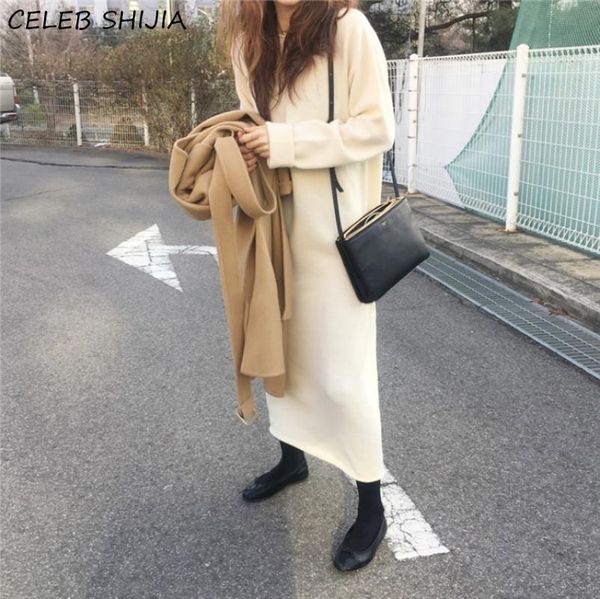 

casual dresses 2021 long woman's dress knitted woolen autumn winter full-sleeve elegant lazy knitwear vestido fall chic knit, Black;gray