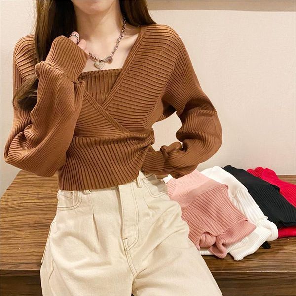 

women's sweaters dreamlikelin spring autumn women v neck sweater short knitted fake two pieces pullovers korean fashion long sleeve to, White;black