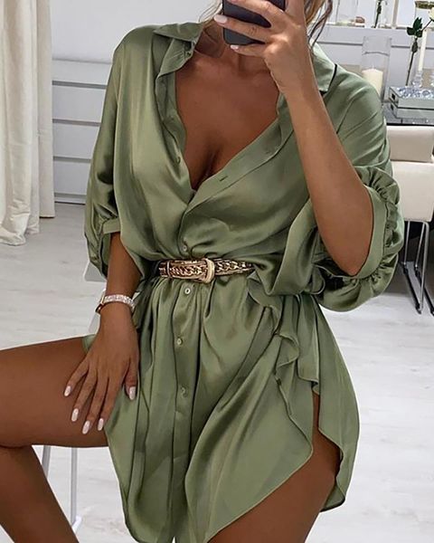

casual dresses 2021 women autumn fashion without belt long sleeve short dress satin ruched shirt, Black;gray