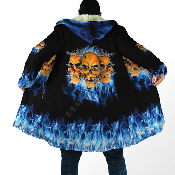 

men's wool & blends winter men for women skull on blue fire coat cloak 3d printed fleece wind breaker warm hood, Black