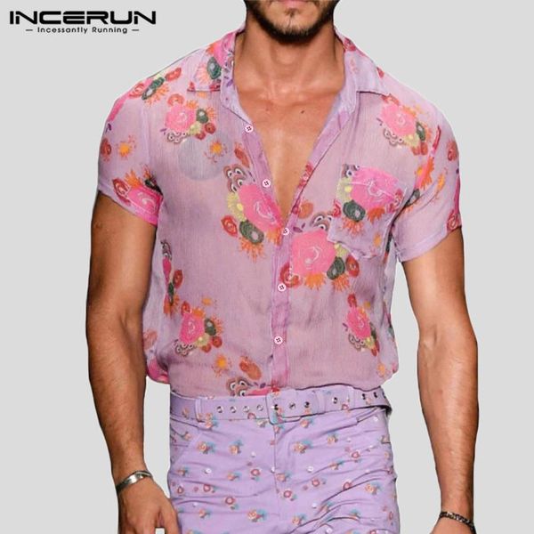 

men short sleeve turn down collar transparent blouse incerun summer printed mesh shirts hawaiian beach man buttons camisa 5xl 7, White;black