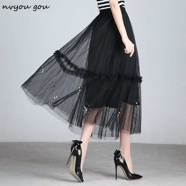 

skirts nvyou gou women high waist elegant mesh skirt knee-length 2021 spring summer fashion female tulle pleated solid tutu, Black