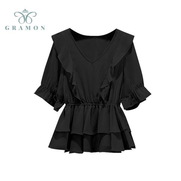 

plus size t-shirt shirt women korean elegant chic design office ladies all-match butterfly sleeve blouse 2021 summer female v-neck top