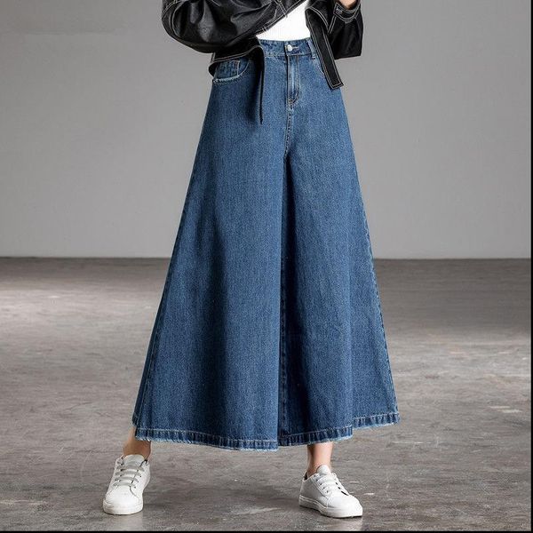 

spring summer new korea fashion women high waist denim wide leg pants loose casual vintage jeans plus size s899, Blue