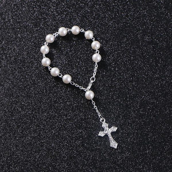 

link, chain komi religious bracelet white glass pearl imitation rosary baby's baptism favors catholic mini ro, Black