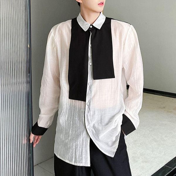 

men's casual shirts incerun fashion men patchwork shirt lapel long sleeve korean thin 2021 see through streetwear personality camisas, White;black
