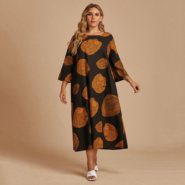 

plus size dresses 4xl loose oversized dress women autumn o neck long sleeve geometric print casual clothing, Black