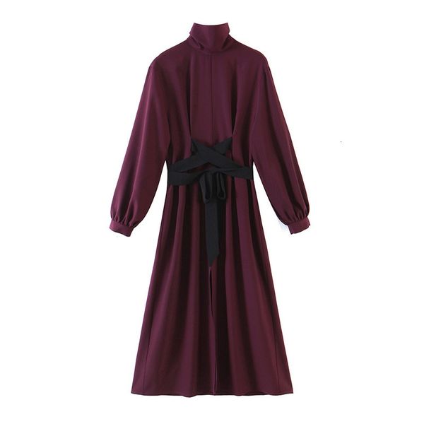 

2021 new stylish wine red vintage long sleeve casual chic midi es chiffon front split vestidos feminino tj66, Black;gray