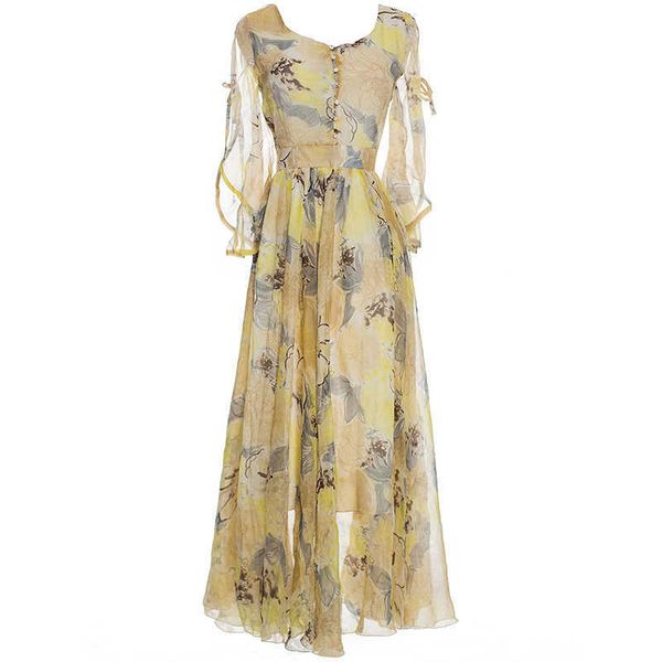 

yosimi long women dress print chiffon summer maxi o-neck sleeve plus size s-xxxl yellow party 210604, Black;gray