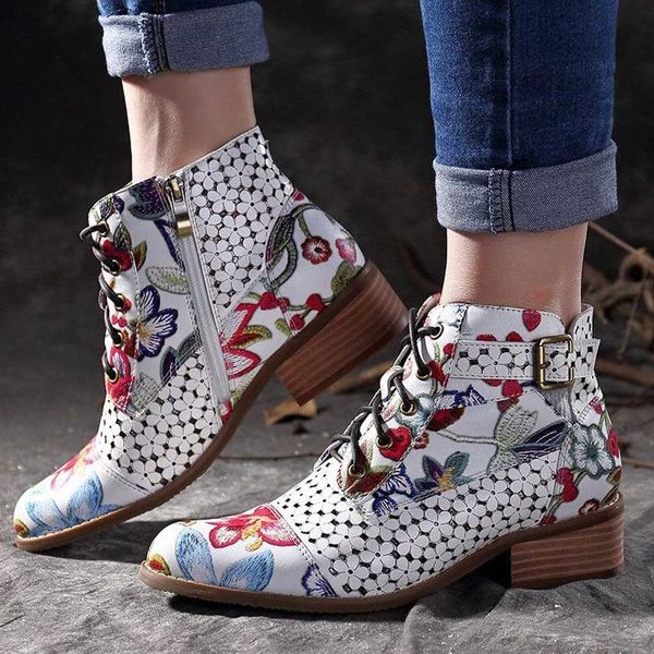 

fashion womens boots ink painting flower pattern cow leather splicing lace up stitching ankle plus size winter ladies shoes a8qm#, Black