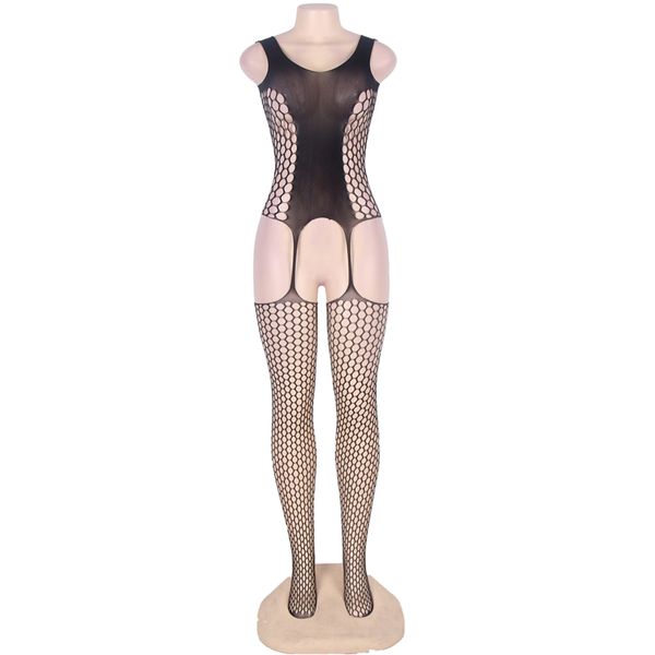 

black elastic halter fishnet bodystocking plus size open crotch transparent hollow-out erotic lingerie for women body, Red;black