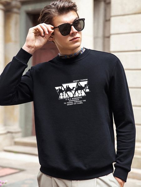 

men slogan & geo print pullover 961r#, Black
