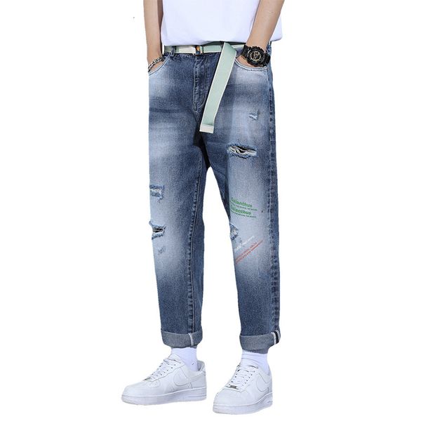 

jeans style ripped personality fashion loose trend denim men's pants, Blue