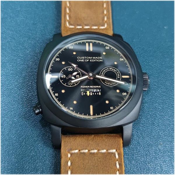 

wristwatches gmt 44mm men's seagull movement automatic mechanical watch black sandwich dial leather strap luminous, Slivery;brown