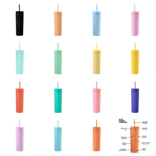 

16oz 6 colors acrylic tumbler with lid straws plastic tumbler double wall milk coffee cups matte candy colors slim cup for travel
