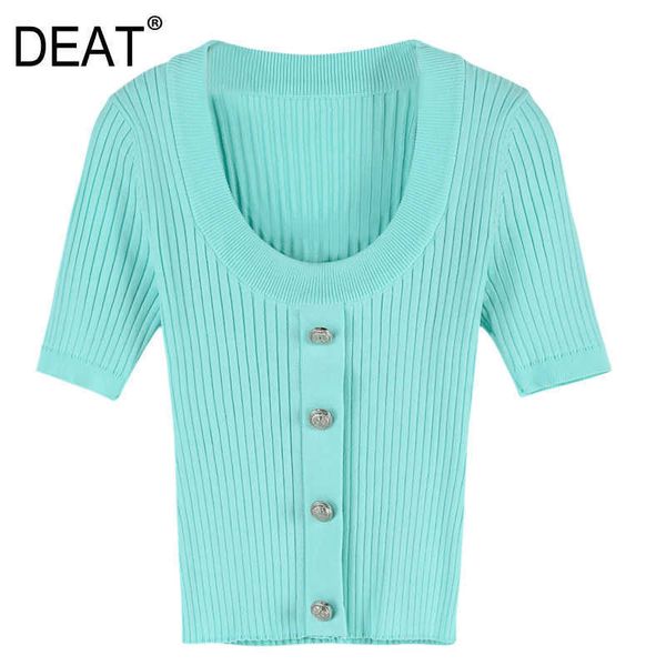 

[deat] summer fashion round neck solid color single-breasted short sleeve knitting women t-shirt 13q303 210527, White