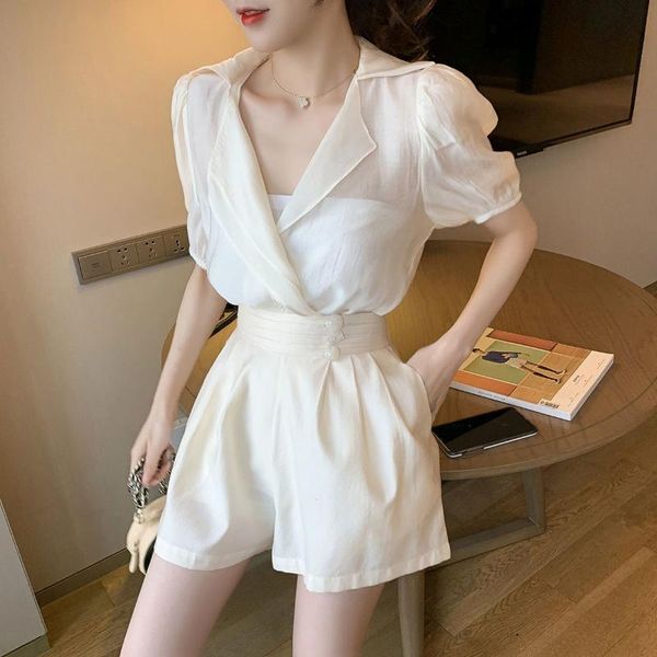 

2021 new summer women fashion suit ladies v neck casual chiffon blouse + high waist wide leg shorts two pieces set z159, Gray