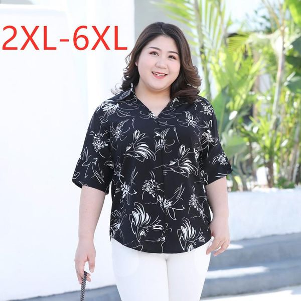

women's blouses & shirts 2021 summer plus size for women large blouse short sleeve loose casual chiffon print black v neck shirt 3xl 4, White