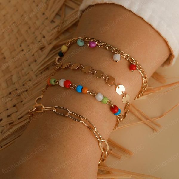 

4pc/set bohemia fashion women bracelets colorful beads circle gold link chain beach bangles jewelry gift, Black