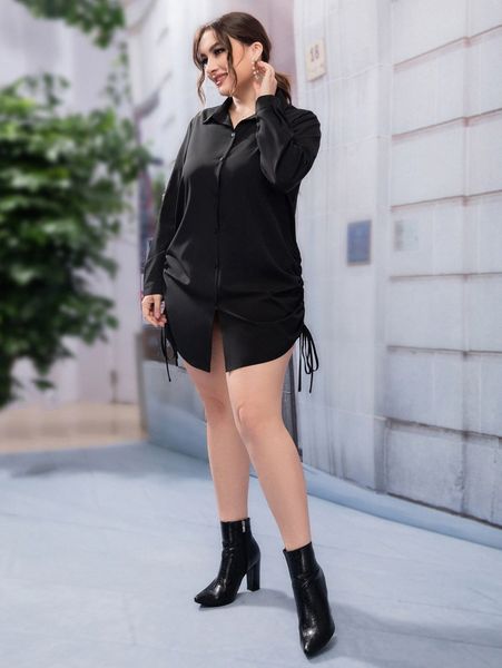 

plus drawstring side shirt dress z2sn#, Black