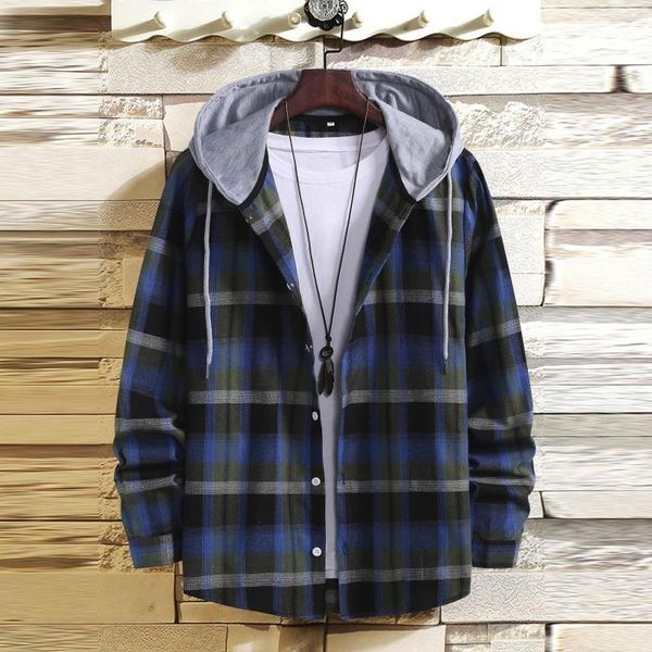 

men's jackets 2021 mens casual plaid printing jacket male long sleeve loose shirt coat with button autumn hooded for man clothes chaque, Black;brown