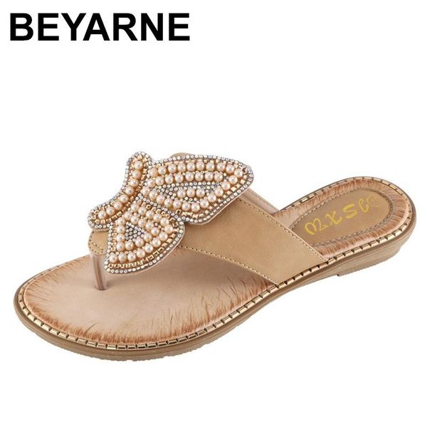 

slippers beyarne 2021 ladies sandals bohemia rhinestone pearl butterfly decorative women shoes summer beach flip flops, Black