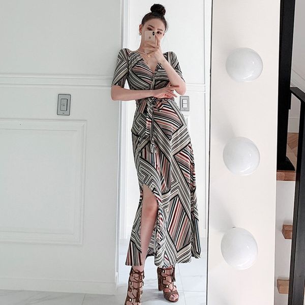

2021 new boho style vinage printing straight wrap dress women bandage ruched draped dresses fashion casual split long vestidos po6p, Black;gray