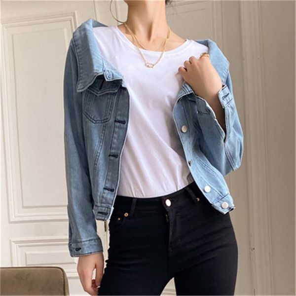 

women's jackets 2021 autumn denim casual slash neck pockets wild streetwear fashionable cotton short female jeans, Black;brown