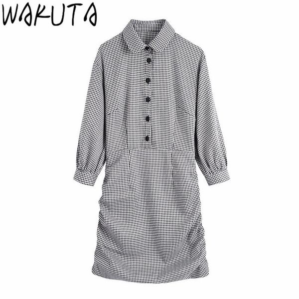 

wakuta fashion women classsic plaid midi dress 2021 vintage autumn new chic turn-down collar long sleeve ladies dress vestidos, Black;gray
