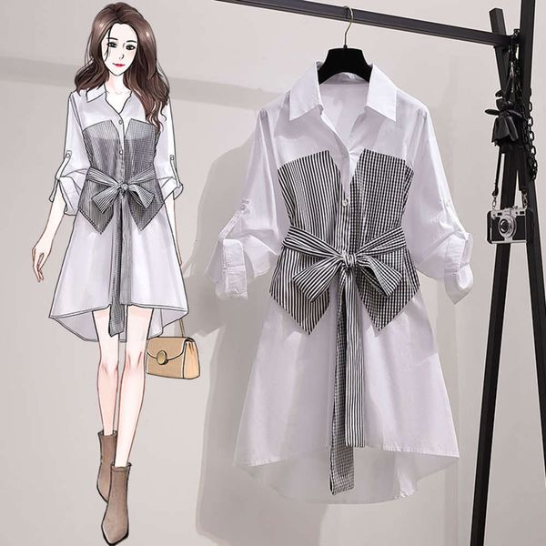 

large women's dress design sense 2021 spring new fat sister show thin age cover meat foreign style shirt skirt, Black;gray