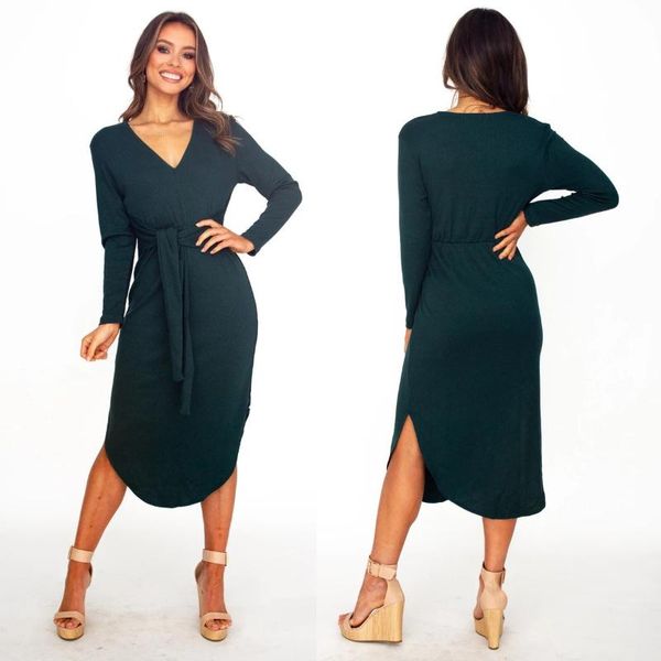 

casual dresses autumn and winter women v-neck solid long sleeve belt mid length dres 2021 fashion high-end elegant lady medium dress, Black;gray
