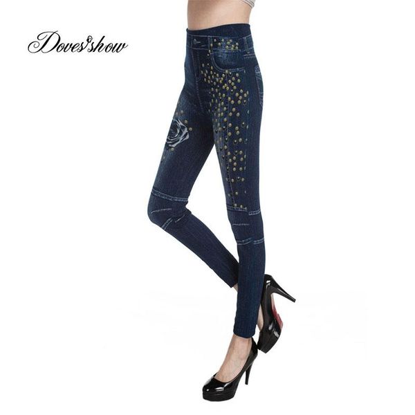 

women's leggings slim women seamless faux denim jeans summer thin fleece rivet rose printing casual ankle length pencil pants, Black