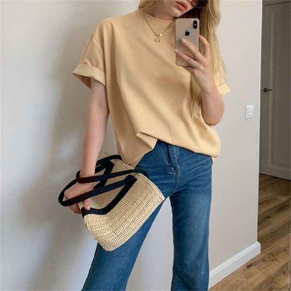 

wotwoy summer oversize short sleeve t-shirt women casual basic tee shirt o-neck cotton black white harajuku female 220304