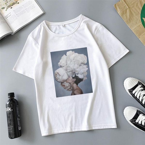 

women's t-shirt summer aesthetic flower printing harajuku short-sleeved shirt fashion casual, White