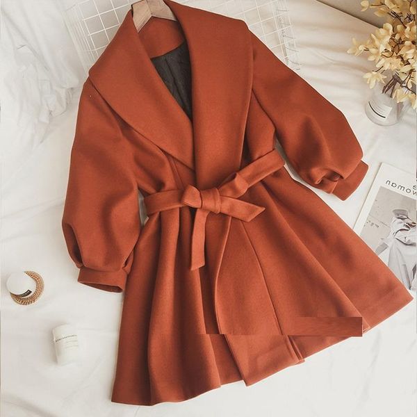 

women's wool & blends winter autumn coat women 2021 casual belt woolen jackets elegant office lady long sleeve outerwear abrigos mujer, Black