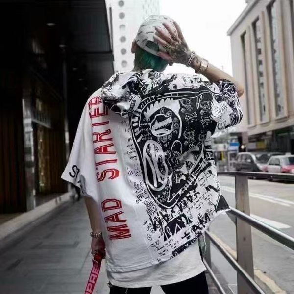 

summer tshirt streetwear men hooded mens tee shirts short sleeve t shirt fashion high street tees loose hip hop t shirt males, White;black