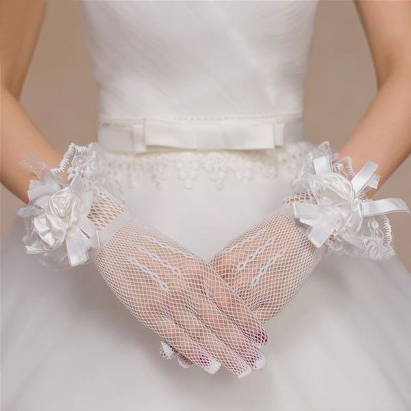 

five fingers gloves lace mesh fishnet full finger short thin elastic knitted retro dance party red white bridal bowknot mittens, Blue;gray