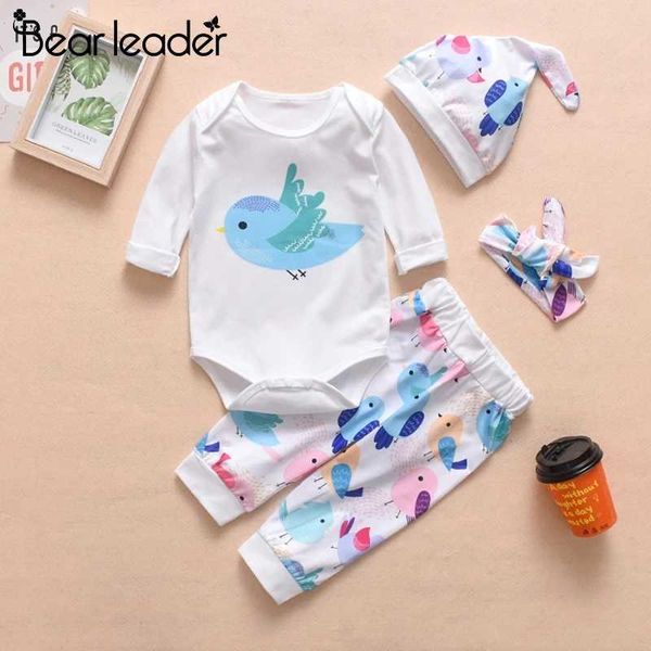 Bear Leader Kinder Cartoon Print Kleidung Sets Neue Mode Mädchen Jungen Vogel Muster Kleidung mit Hut und Haarband Baby Kostüme G1023