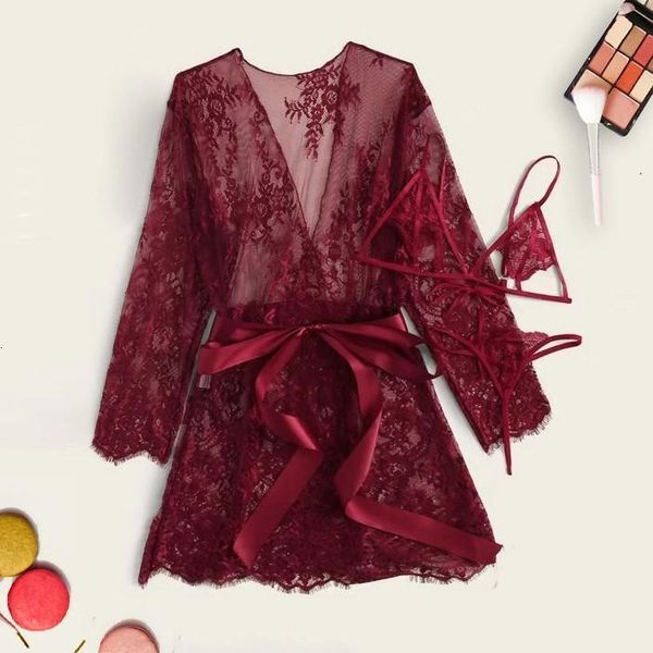 

delicate new women satin silk pajamas cardigan nightdress bathrobe ladies robes comfortable underwear sleepwear three-piece 2020, Black;red