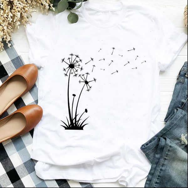 

women lady dandelion plant printing 90s cartoon animal print tshirt shirt clothes graphic female t tee womens t shirt, White