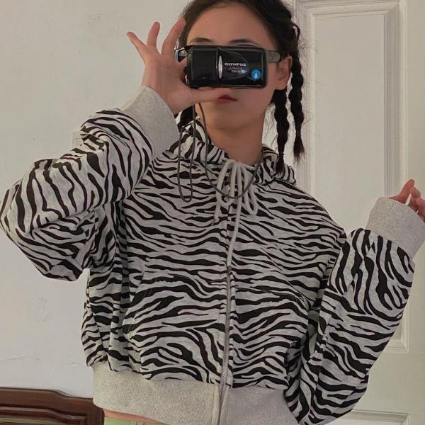 

oversized hoodie women crop zip up hoodie korean style women clothing vintage zebra print sweatshirt puff sleeve lady casual, Black