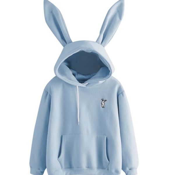 

women's rabbit ear cute sweater embroidered fleece jacket hooded, Black