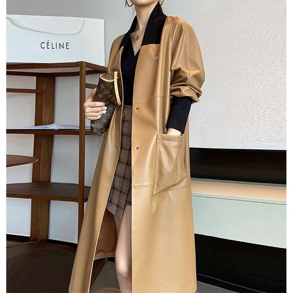 

women's leather & faux factory direct sale 2021 simple coat middle and long windbreaker haining sheep skin, Black