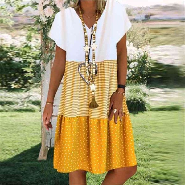 

boho v neck womens dresses short sleeve stripes dots patchwork loose knee-length dress female beach party vestidos, Black;gray