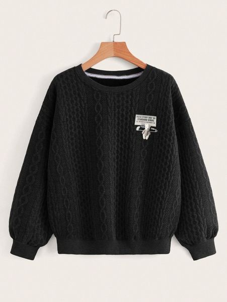 

slogan patched bear detail cable textured drop shoulder pullover o2gw#, White;black