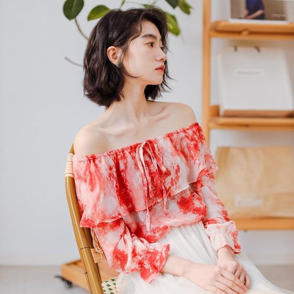 

women's blouses & shirts summer chiffon shirt chic strapless slash collar ruffled printing loose blouse women temperament three quarter, White