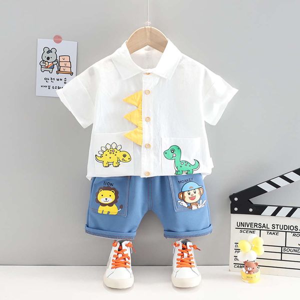 

children's boys' summer suit cartoon dinosaur lapel short sleeve shirt children's two piece set, White